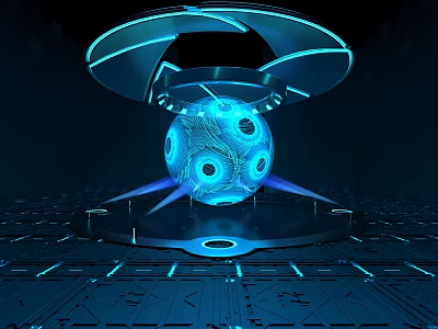 Cartoon Sci Fi Scene Featuring Glowing Sphere Ring Structure Platform Blue Light Grid Ground 3d model