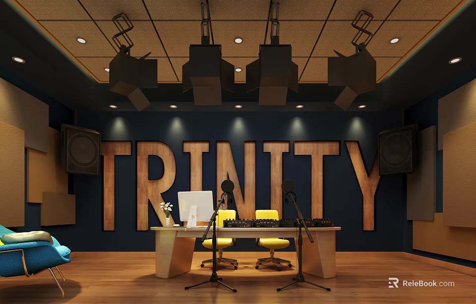 Professional Trinity Recording Studio With Microphones Yellow Chairs Acoustic Panels And Speakers 3d model 