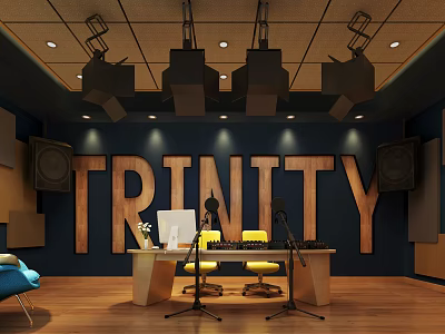Professional Trinity Recording Studio With Microphones Yellow Chairs Acoustic Panels And Speakers 3d model