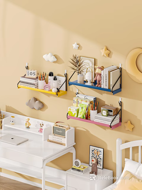Colorful Decorative Ornament Combination On Multiple Shelves With Wall Stars Moon Clouds 3d model 