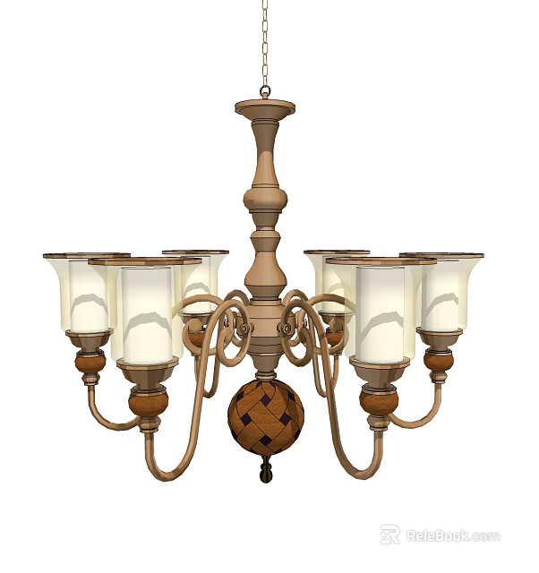 Classic Wooden Chandelier with White Glass Shades Woven Decorative Sphere and Six Arms 3d model 