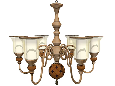 Classic Wooden Chandelier with White Glass Shades Woven Decorative Sphere and Six Arms 3d model