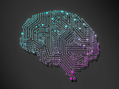 Circuit Board Lines Forming Brain Shape With Blue Green And Pink Digital Design 3d model