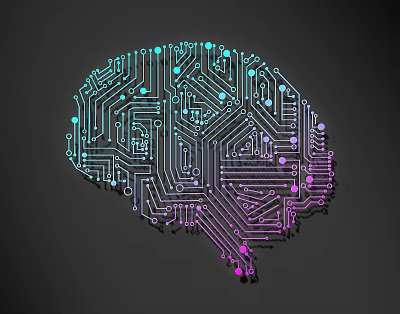 Circuit Board Lines Forming Brain Shape With Blue Green And Pink Digital Design 3d model