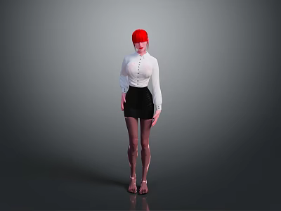 Red Haired Character Wearing White Shirt Black Skirt Black Stockings And Sandals On Gray Background 3d model
