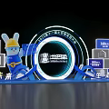Futuristic Photo Check In Spot With Blue Cartoon Rabbit Yellow Helmet And Circular Glowing Structure