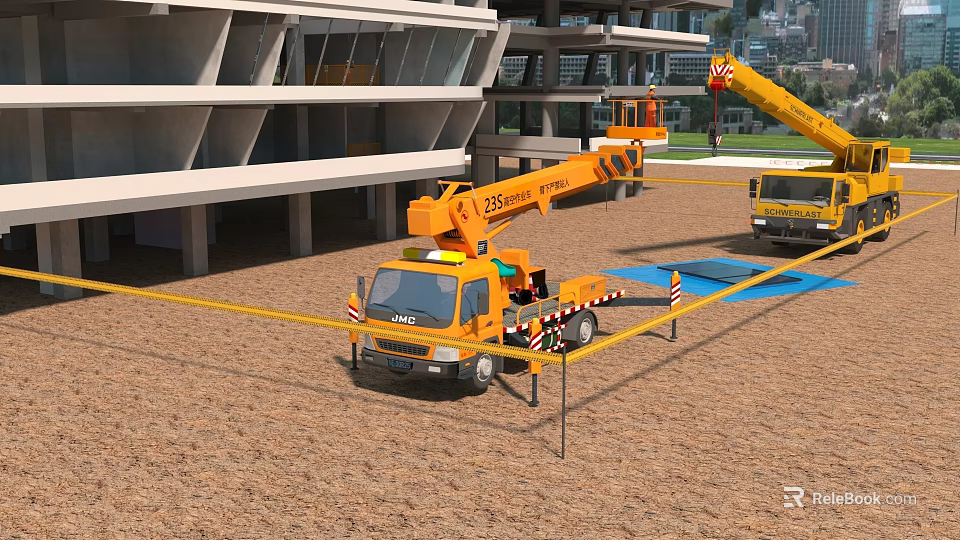 Yellow Crane Truck Working at Construction Site With Caution Tape Near High Rise Building 3d model 