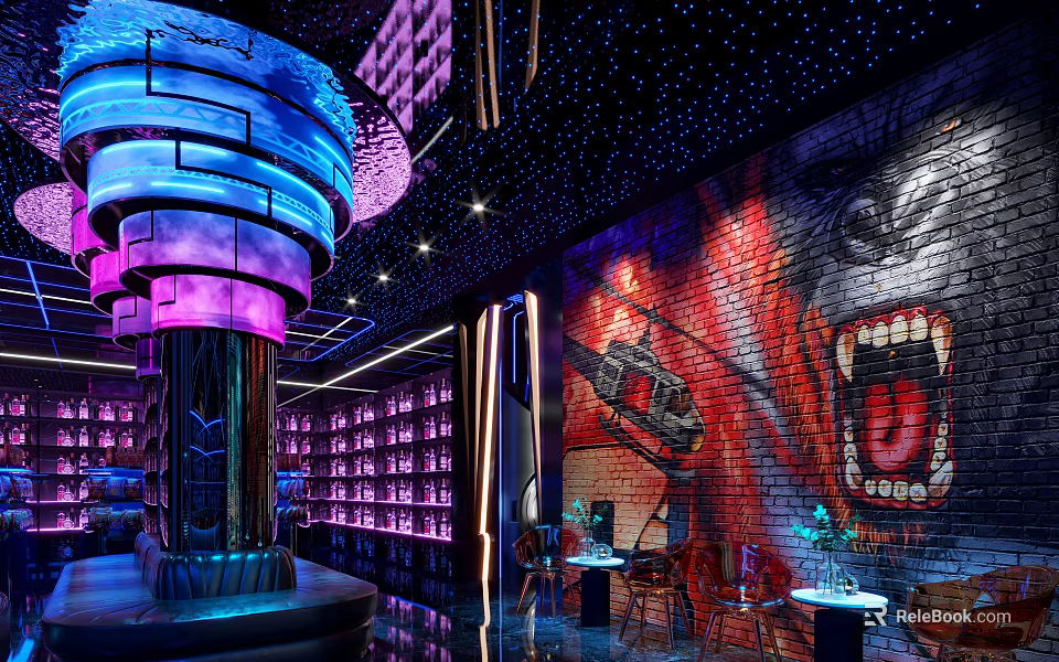 Modern KTV Interior Design With Neon Lights Graffiti Wall And Comfortable Seating 3d model