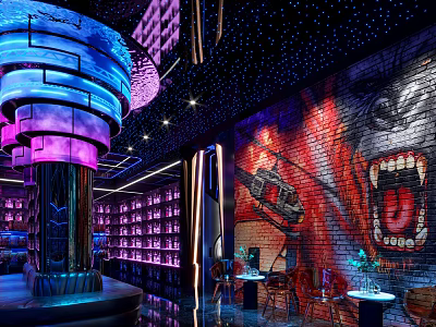 Modern KTV Interior Design With Neon Lights Graffiti Wall And Comfortable Seating 3d model