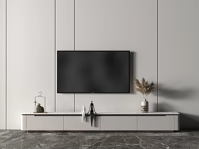 Modern White TV Stand With TV Decorative Vase Pampas Grass Gray Wall And Marble Floor 3d model