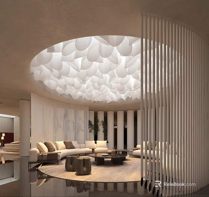Modern Sales Office Interior With Circular White Petal Ceiling And Slat Screens 3d model 