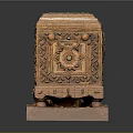Decorative Wooden Chest With Intricate Carvings Geometric Motifs And Wooden Base