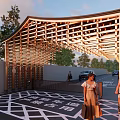 Wooden Roofed Entrance Gate With Trees People Bicycle And Green Car