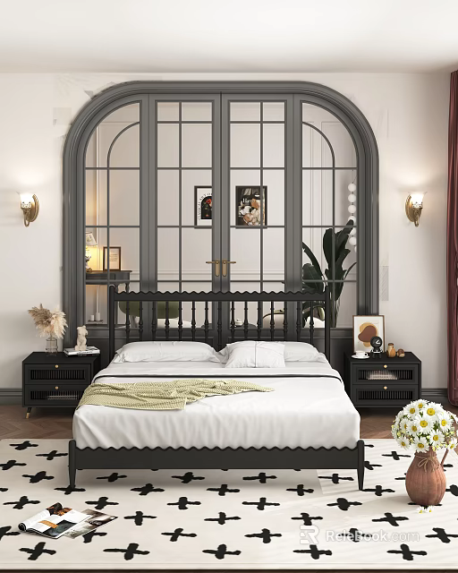 Elegant Bedroom Interior With Black Headboard White Sheets Green Blanket And Wall Sconces 3d model 