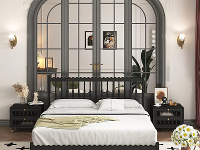 Elegant Bedroom Interior With Black Headboard White Sheets Green Blanket And Wall Sconces 3d model