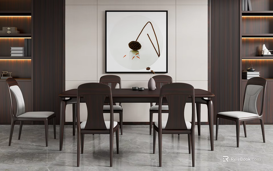 Modern Dining Table Set with Wooden Chairs Abstract Wall Art and Gray Marble Floor 3d model 