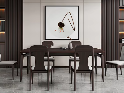 Modern Dining Table Set with Wooden Chairs Abstract Wall Art and Gray Marble Floor 3d model