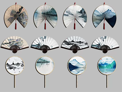 Elegant Round and Folding Fan Wall Hangings with Traditional Chinese Landscape Paintings 3d model