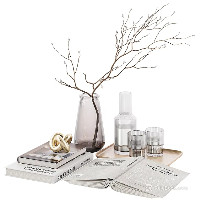 Elegant Decorative Ornament Set With Twigs Vase Glass Cups And Books On Tray 3d model 