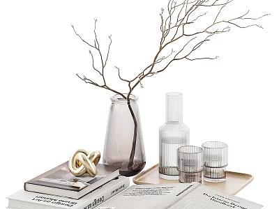 Elegant Decorative Ornament Set With Twigs Vase Glass Cups And Books On Tray 3d model