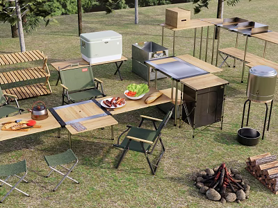 Camping Campsite With Outdoor Tables Chairs Cooler Food And Campfire Setup 3d model