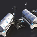 Industrial Equipment Featuring White Bodies Blue Circular Patterns And Side Tool Carts