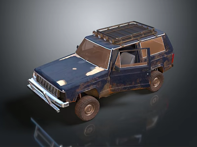 Rusty Old SUV With Roof Rack Open Door And Worn Tires 3d model