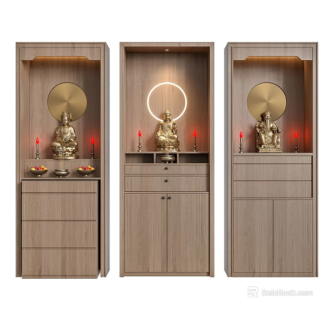 Modern Wooden Buddhist Shrine Cabinet with Buddha Statues Candle Holders and Offerings 3d model 