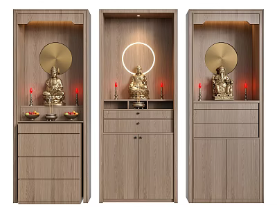 Modern Wooden Buddhist Shrine Cabinet with Buddha Statues Candle Holders and Offerings 3d model