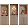 Modern Wooden Buddhist Shrine Cabinet with Buddha Statues Candle Holders and Offerings