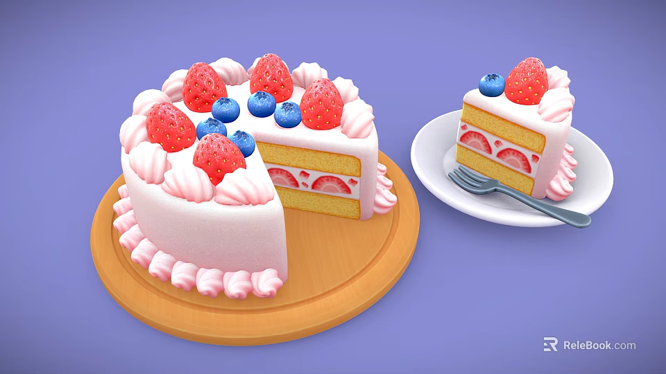 Delicious Fresh Layered Cream Cake Topped With Strawberries And Blueberries Sliced 3d model 