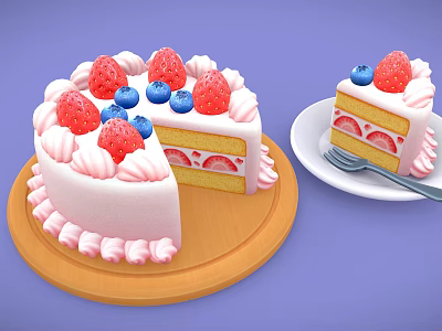 Delicious Fresh Layered Cream Cake Topped With Strawberries And Blueberries Sliced 3d model