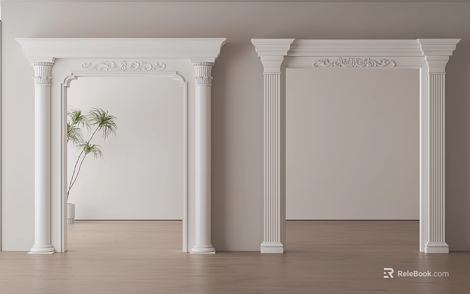 Classical White Decorative Archway With Carved Details And Potted Plant On Wooden Floor 3d model 