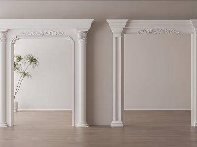 Classical White Decorative Archway With Carved Details And Potted Plant On Wooden Floor 3d model