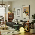 Modern Living Room Interior With Sofa Plants Chandelier Rug And Decorative Paintings