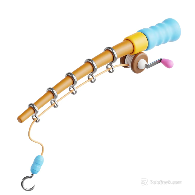 Colorful Toy Fishing Rod With Brown Pole Blue Grip And Pink Reel 3d model 