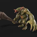 Green Monster Game Movie Character With Large Ears Red Eyes Sharp Teeth Holding Giant Club