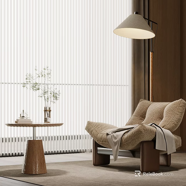 Plush Lounge Chair With Throw Blanket Near Vertical Blinds And Side Table With Potted Plant 3d model 