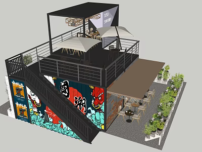 Modern Bar Exterior With Outdoor Seating Umbrellas Artistic Graffiti Wall And Green Plants 3d model