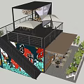 Modern Bar Exterior With Outdoor Seating Umbrellas Artistic Graffiti Wall And Green Plants