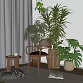 Leisure Chair With Rattan Backrest Wooden Frame By Window Green Plants And Small Table