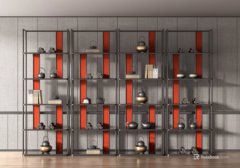 Modern Metal Frame Shelving Unit With Red Accents Teapots And Books 3d model 