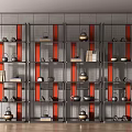 Modern Metal Frame Shelving Unit With Red Accents Teapots And Books