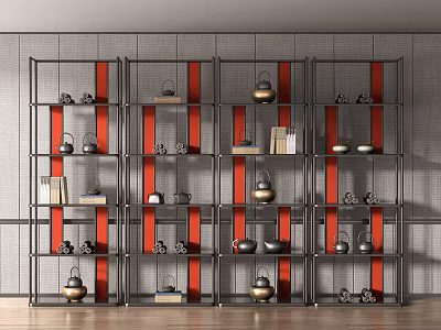 Modern Metal Frame Shelving Unit With Red Accents Teapots And Books 3d model