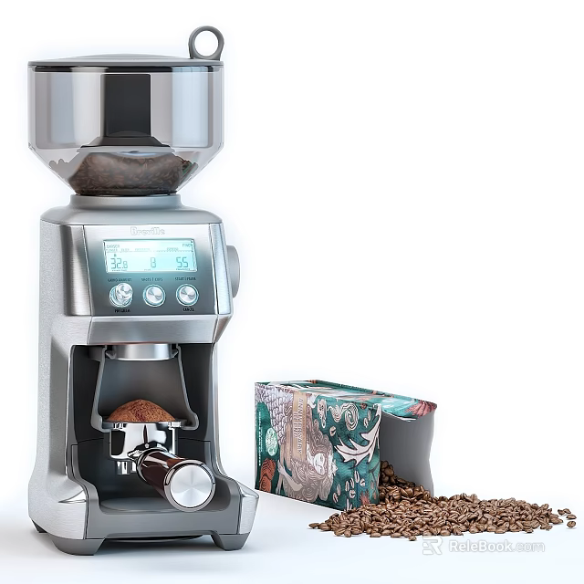 Silver Electric Coffee Grinder With Digital Display Control Buttons And Coffee Beans Container 3d model 