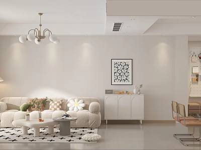 Modern Living and Dining Room Interior With Beige Sofa Coffee Table And Dining Chairs 3d model