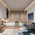 Modern Bedroom With Wooden Walls Large Bed Bedside Lamps Wall Painting And Blue White Carpet