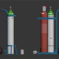 Commercial Equipment Blue Trolleys With Red And Silver Gas Cylinders Green Top And Red Wheels