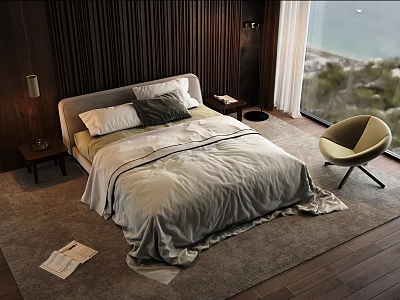 Modern Bedroom Interior Design With Double Bed Bedding Side Table Chair And Scenic View 3d model
