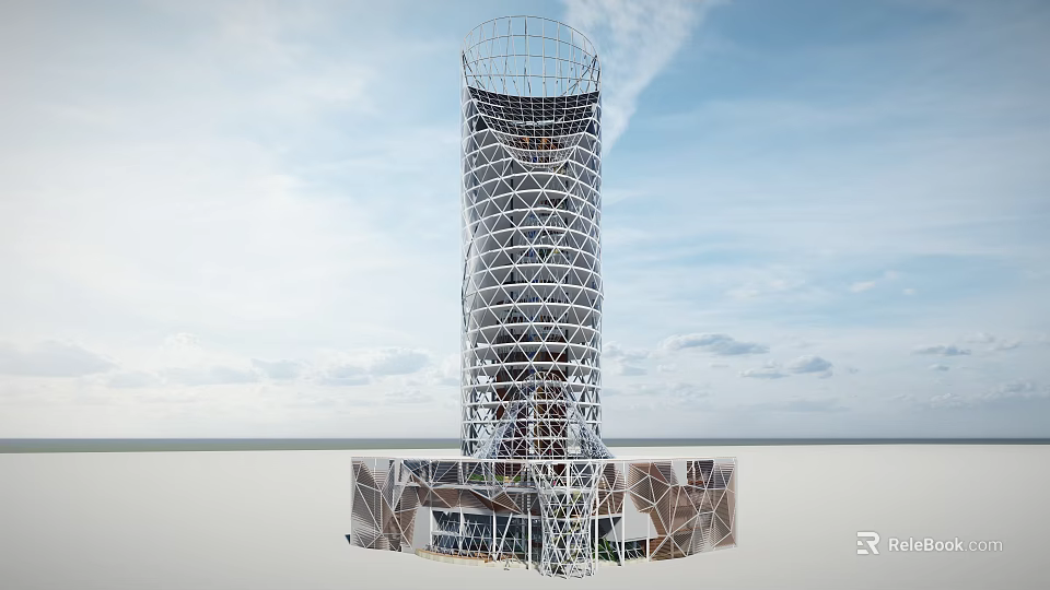 Tall Modern Office Building with Unique Grid Exterior Design and Open Surroundings Under Cloudy Sky 3d model 